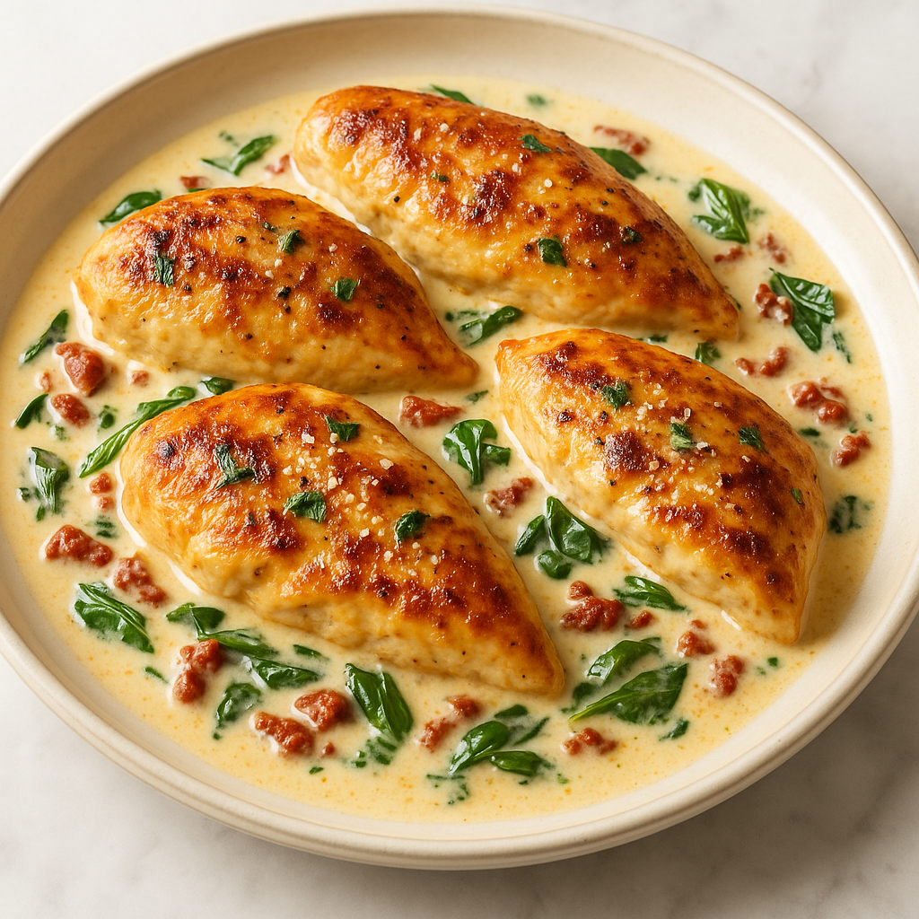 Chicken breasts in a creamy Tuscan sauce with spinach and sun-dried tomatoes.