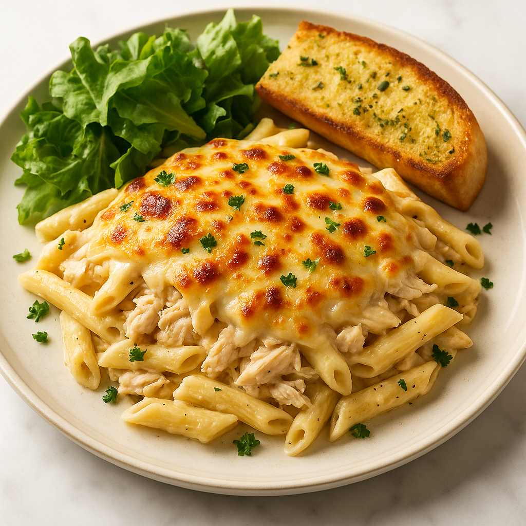 Chicken Alfredo pasta in a creamy white sauce.