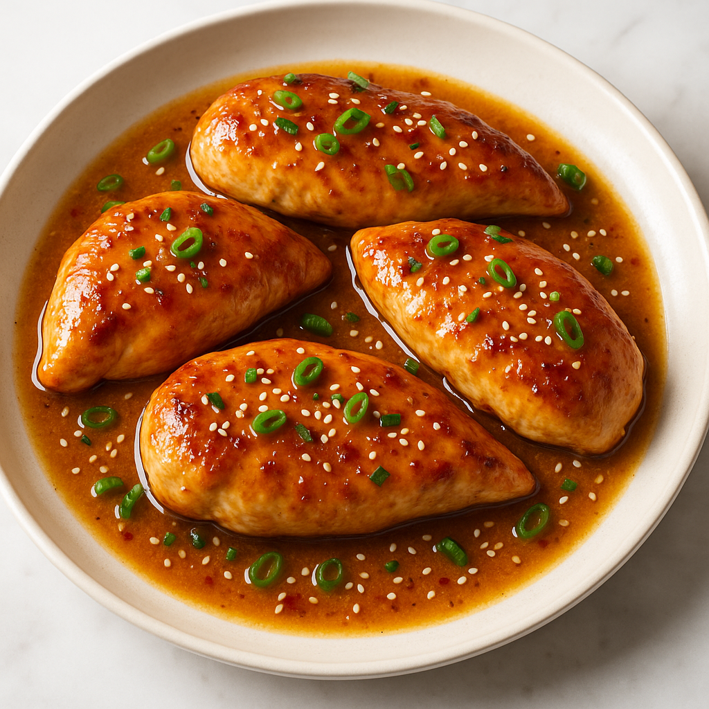 Honey garlic chicken pieces coated in a shiny sweet and savory sauce.